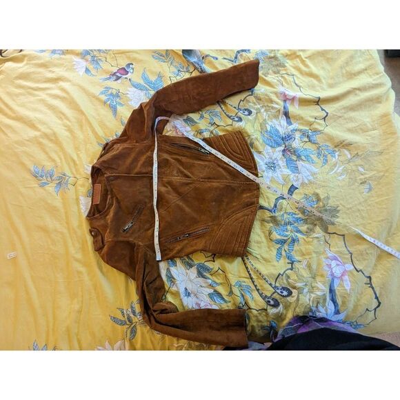 BLANC NYC real tan suede moto jacket asymmetrical zip crop sz small euc - Picture 8 of 8